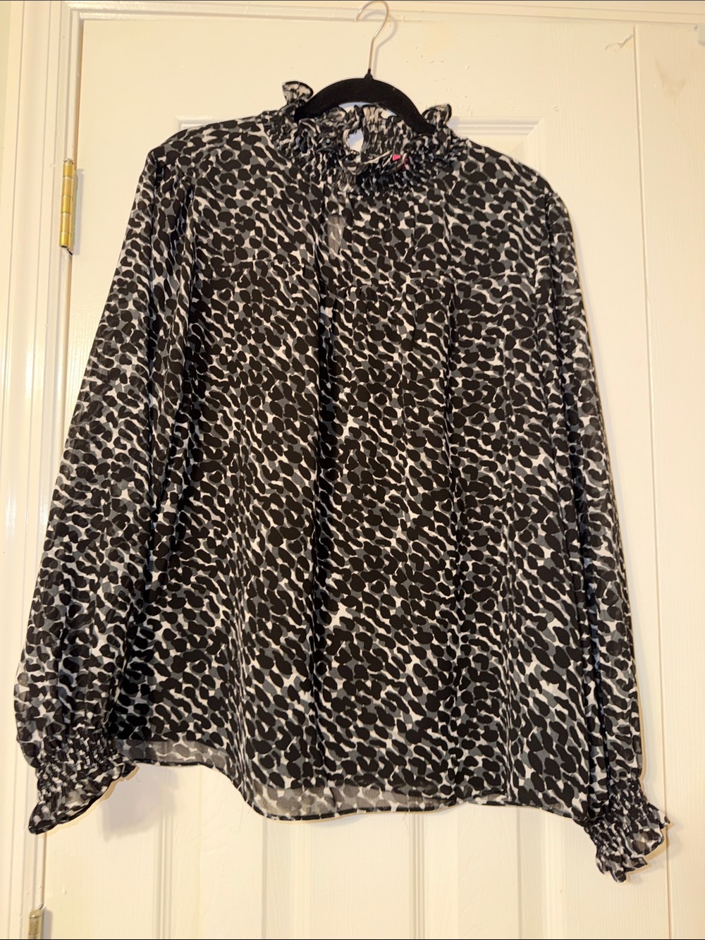 Vince Camuto Black and White Printed Ruffle-Neck Blouse